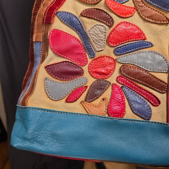 Boho Patchwork Leather Bag Studded Large Canvas Shoulder Handbag Tote Colorful - Picture 5 of 14